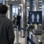 Scanner corporel à l’aéroport, portail de sûreté et contrôle.