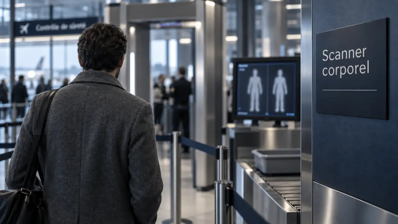 Scanner corporel à l’aéroport, portail de sûreté et contrôle.