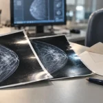 Dépistage cancer du sein : mammographie imprimée sur un bureau de radiologie
