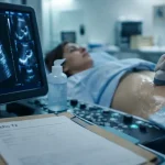 echographie t2 : écran et transducteur en consultation