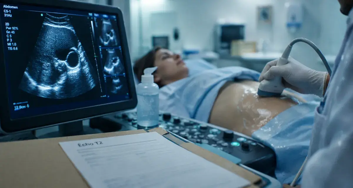 echographie t2 : écran et transducteur en consultation