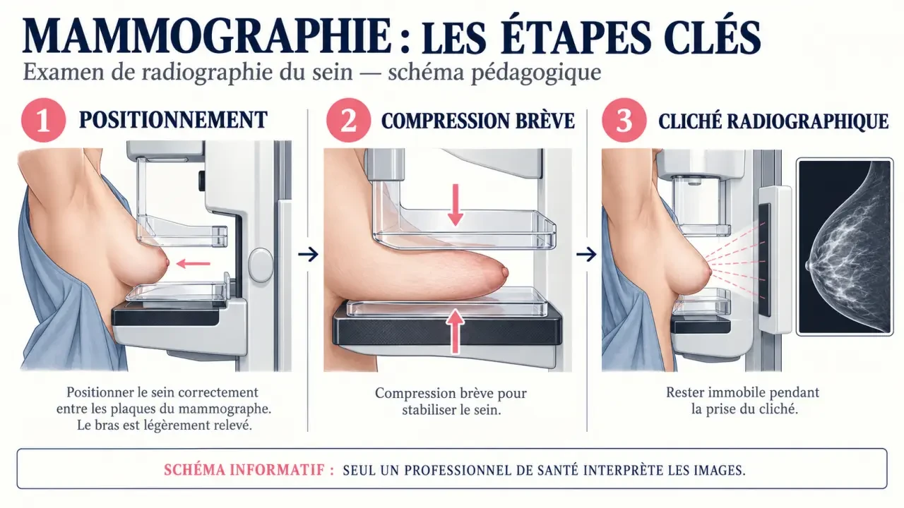 Schéma pédagogique du déroulement d'une mammographie à Angers avec compression et prise de clichés
