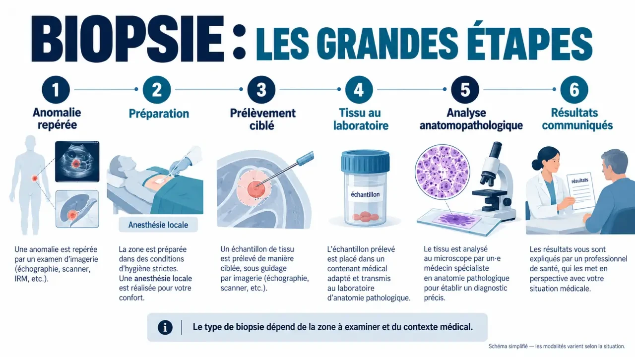 Schéma des principales étapes d’une biopsie, du repérage de l’anomalie aux résultats du laboratoire