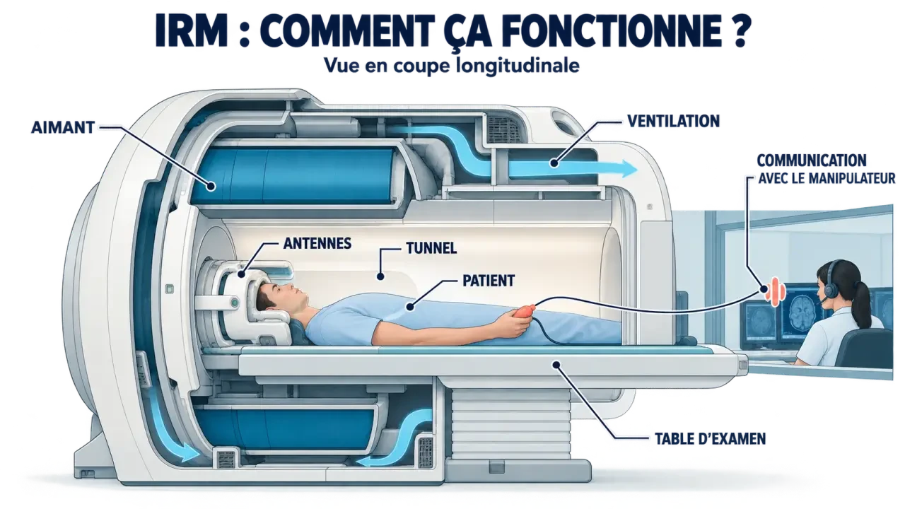 Schéma pédagogique d’une machine IRM avec tunnel, aimant, table et antennes