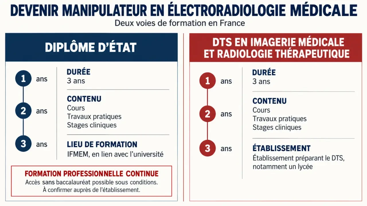 Infographie sur le parcours pour devenir manipulateur radio sans diplôme ou sans bac