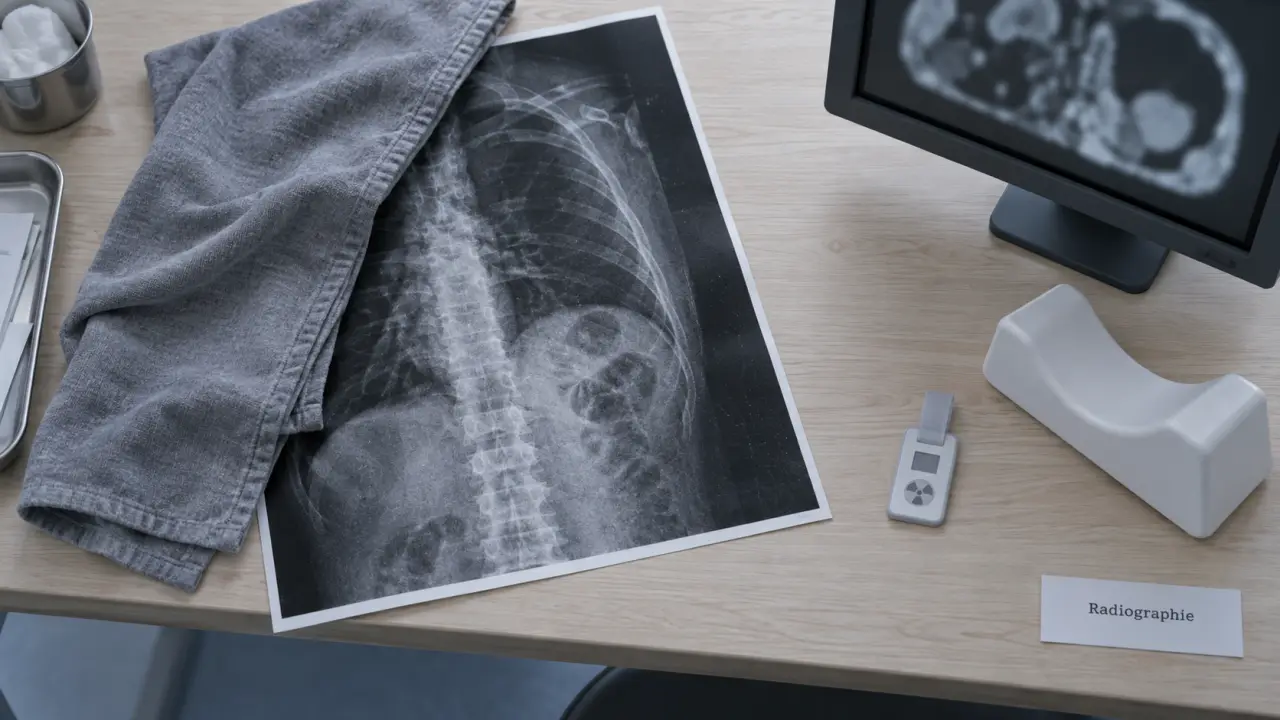 Radiographie : os blancs, poumons noirs sur table